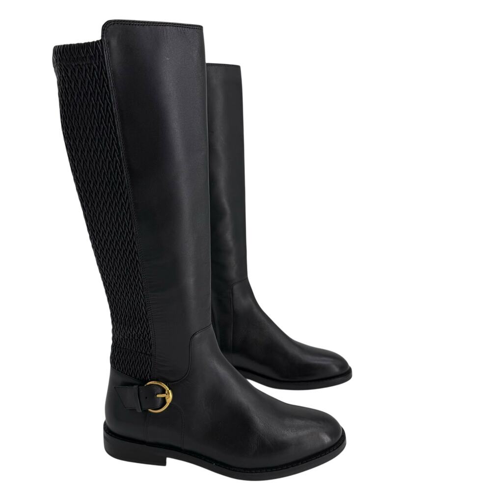 Cole Haan Black Leather Gold Buckle Clover Knee High Boots Womens 8
